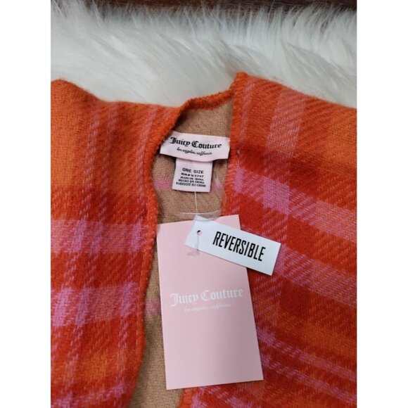 NWT Juicy Couture Reversible Fringe Hem Plaid Ruana Poncho Beige Tan Women's OS - Picture 14 of 16